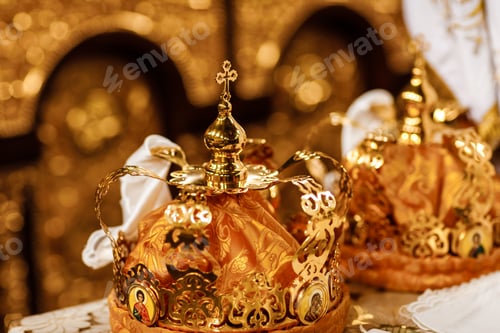 Preview: Wedding crowns. Wedding crown in church ready for marriage ceremony. close up. Divine Liturgy.