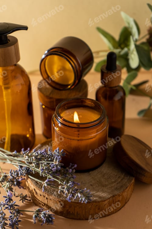 Preview: Soy candles in a glass jar. Aromatherapy. Burning candle and lavender.