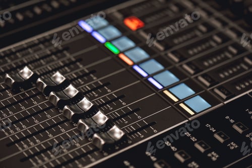 Preview: Professional studio equipment for sound mixing. Close-up view of audio control buttons