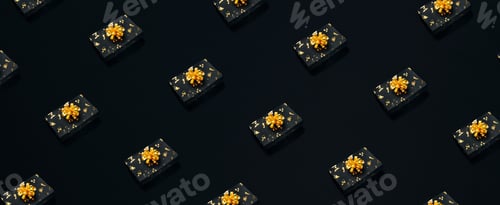 Preview: Black present pattern with golden bow on black background