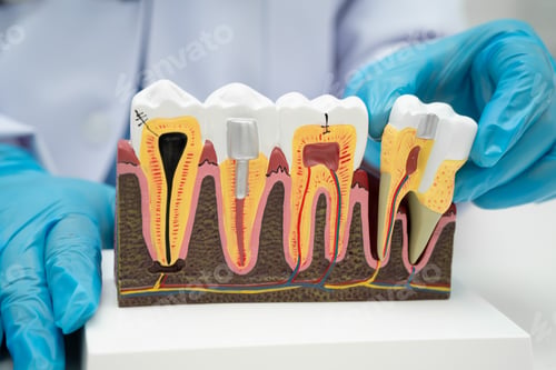 Preview: Asian dentist holding dental implant, artificial tooth roots into jaw