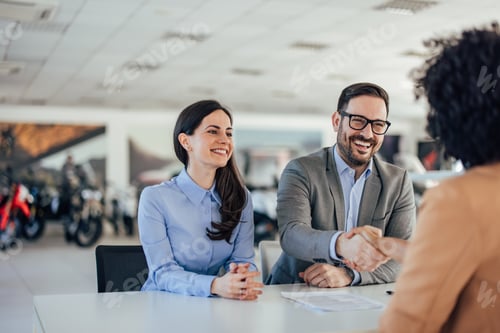 Preview: Delighted caucasian man and woman, handshaking with their company investor.