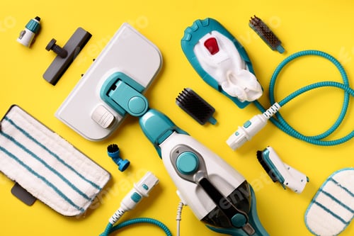 Preview: Set with modern professional steam cleaners on yellow background. Top view, flat lay. Banner with