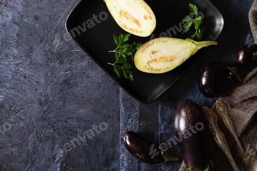 Preview: Assortment raw organic of purple vegetables mini eggplants, spring onion, beetroot, radicchio