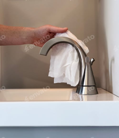 Preview: Woman’s hand Cleaning sink faucet with Clorox wipe