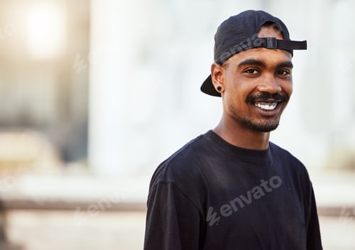 Preview: Happy, smile and portrait of a man in the city on a summer holiday, adventure or journey. Happiness