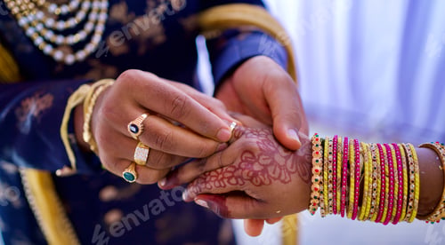 Preview: Close up of a bride and groom purposing ring sharing during traditional wedding ceremony in India