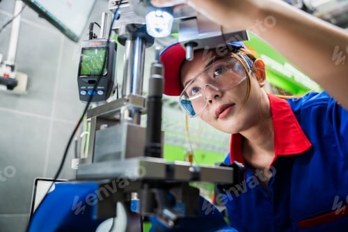 Preview: A female diesel engine mechanic in a blue uniform is working at the garage.