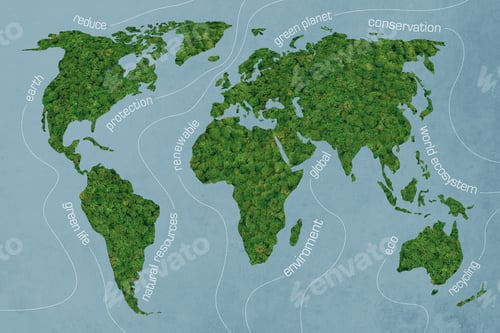 Preview: Green world. Close-up image of moss textured world map at the blue background