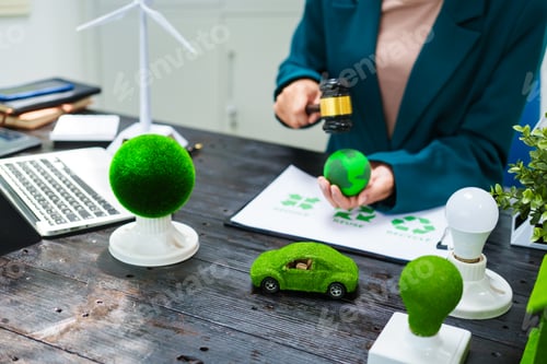 Preview: An Asian businesswoman desk discusses environmental laws, clean energy,wind turbines,sustainable