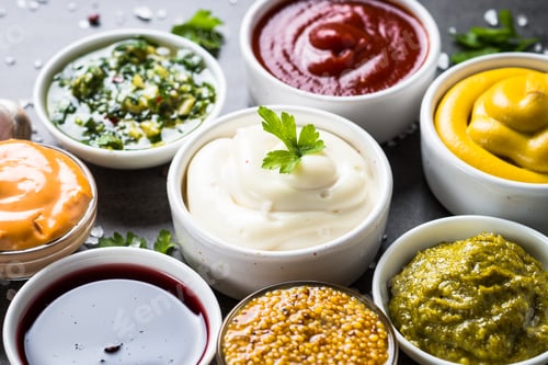Preview: Sauce set assortment - mayonnaise, mustard, ketchup and others.