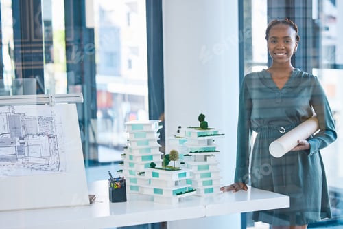 Preview: Leader, ambitious and successful female architect hold blueprint plans and standing with building m