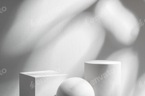 Preview: Abstract composition featuring three white geometric shapes in a minimalist interior setting