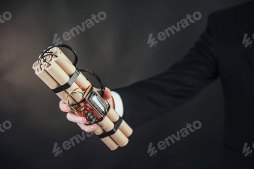 Preview: Man terrorist in a black suit with explosives
