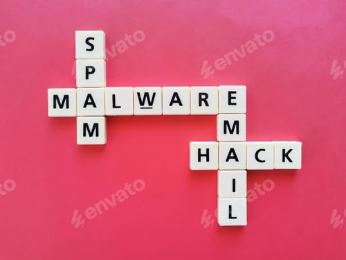 Preview: Crosswords malware, spam, email and hack against red background.