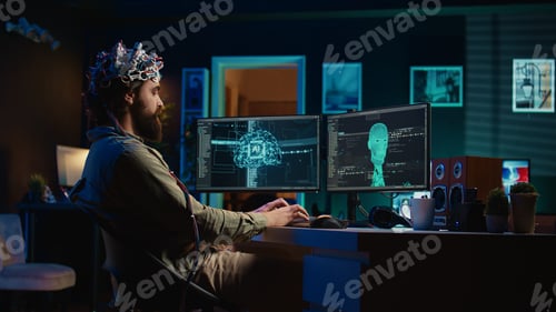 Vista previa: Desarrollador con auriculares EEG sobre la programación de la transferencia cerebral al mundo virtual