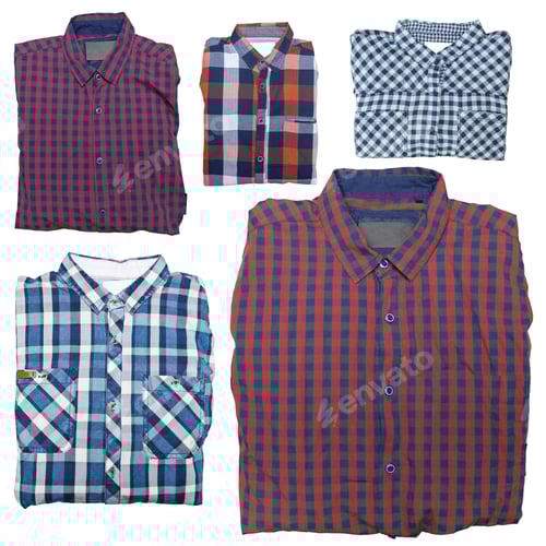 Preview: Collection of Folded Plaid Shirts on White Background