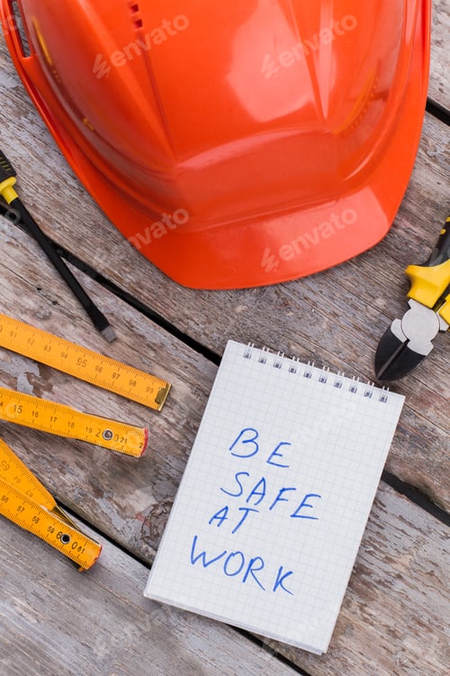 Preview: Be safe at work slogan and constructor accessories.
