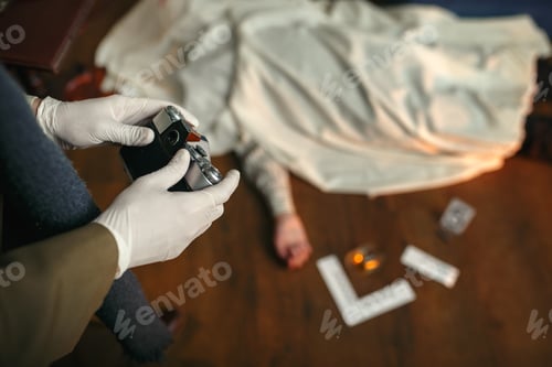Preview: Male detective with photo camera, crime scene