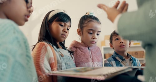 Preview: School, classroom and teacher reading to children for lesson, learning and education for literature