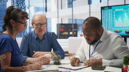 Preview: Senior citizens consulting a broker to explore pension options