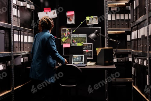 Preview: Woman looking at detective board, analyzing crime case evidences