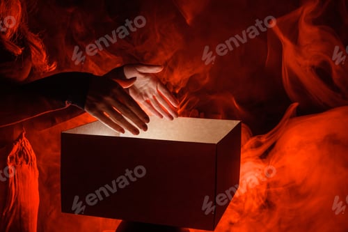Preview: Man opens magic box with surprise on dark background, mystical box, surprise, halloween