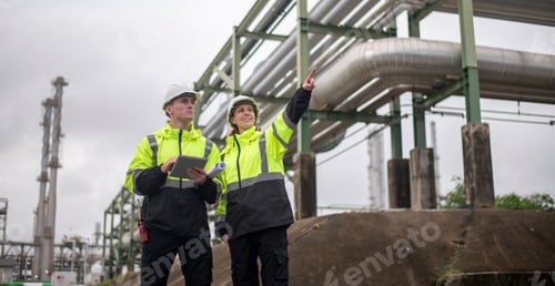 Preview: Engineers wearing safety gear, including hard hats examining survey a large blueprint tablet standin