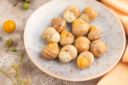 Preview: Grape (Burgundy) snails with butter and cheese on brown concrete, side view, selective focus