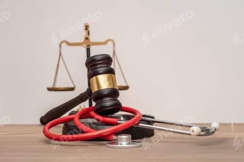 Preview: Gavel, stethoscope, scales of justice. Concept of healthcare law. Medical law
