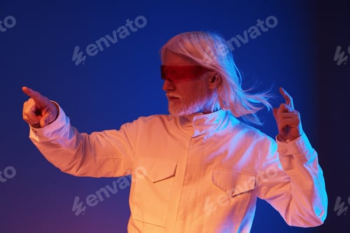 Preview: futuristic man, technology, innovation, science fiction, stylish outfit, glowing glasses, creative