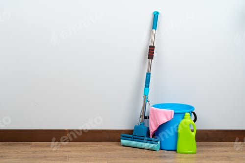 Preview: Cleaning tools for house cleaning on wooden floor