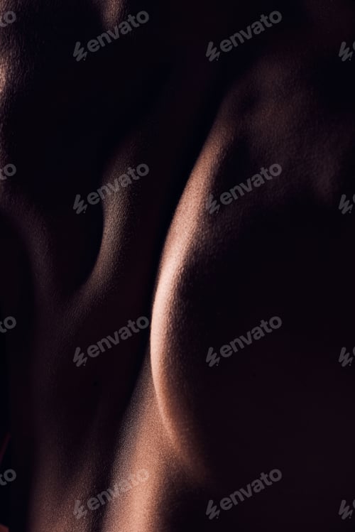 Preview: Back, dark and body of person with artistic pose for skincare isolated in a studio background for h