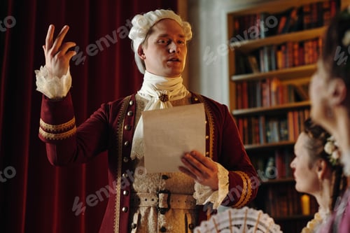 Preview: Caucasian Young Adult Man Delivering Speech during Baroque Era Gathering