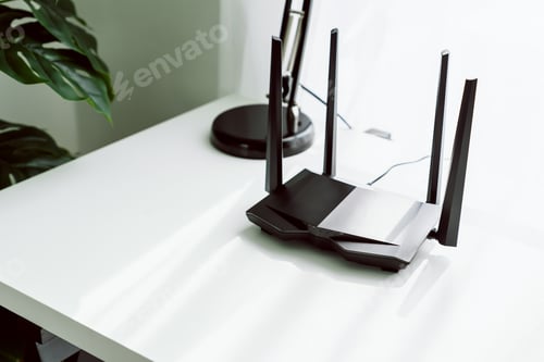 Preview: Wifi and broadband router on white table in room at the home.