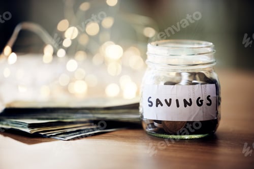 Preview: Savings jar, money notes and change of saving for bank investment, retirement and financial safety.