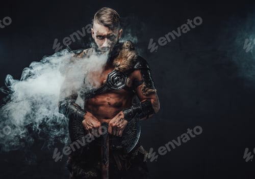 Preview: Mad scandinavian warrior with huge axe in dark smokey background