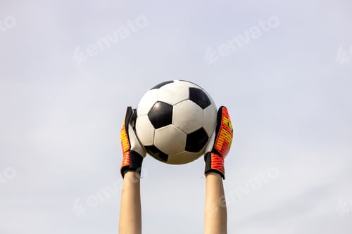 Preview: Hands with goalkeeper's gloves holding the soccer ball in the air