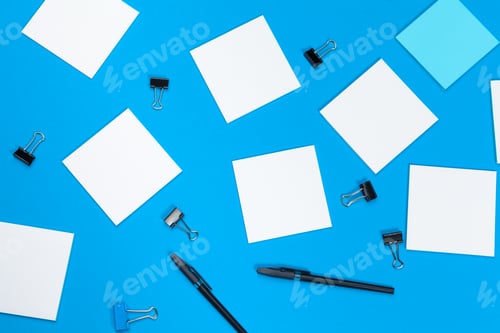 Preview: mock up concept. cards Papers on blue background. Top view, flat lay, copy space