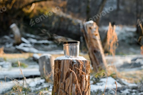 Preview: Steel cup standing on a tree stump. Thermos mug with hot drink, sunny winter forest
