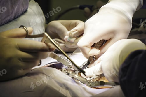 Preview: Closeup shot of doctors performing a spinal surgery under the lights - surgical concept