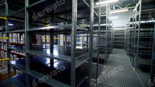 Preview: Warehouse, large logistics commerce structure. Creative. Large metal shelves at a modern warehouse