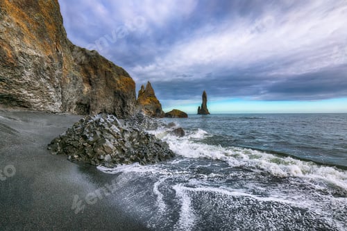 Preview: landscape with basalt rock formations Troll Toes on Black beach Reynisfjara near the village of Vik