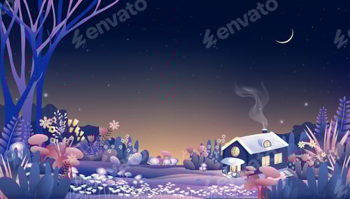 Preview: wonderland landscape of magic forest with fairy tale cottage with crescent moon and star at night