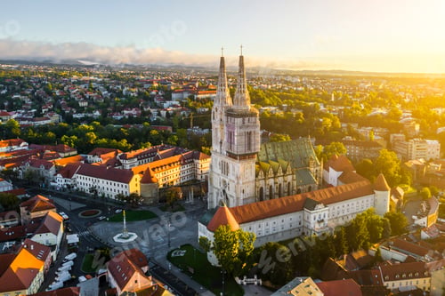 Preview: Aerial view of the Cathedral in Zagreb at sunrise. Croatia