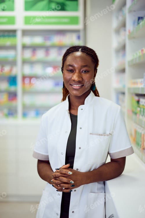 Preview: Professional Female Pharmacist Standing Confidently in a Modern Pharmacy