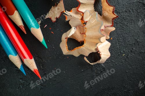 Preview: top view colorful pencils on dark background drawing art painting color photo
