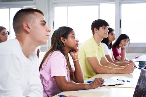 Preview: University female African American student listening lecture while attending a class in classroom.