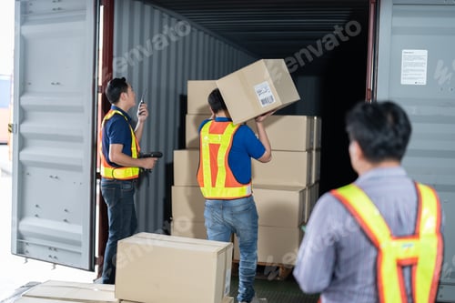 Preview: Workers open steel 40 feet container doors carry box supervisor standing check paper checklist