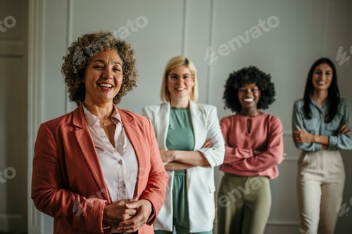 Preview: Four successful businesswomen smiling with confidence in office environment